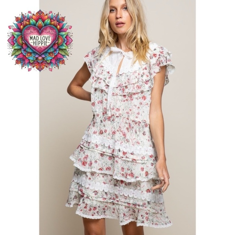 POL Cream & Pink Floral Ruffle Tiered Mini Dress with Bow - Picture 2 of 9